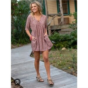 Natural Life 100% rayon red pink floral Ditsy Stella V-neck babydoll dress M